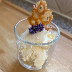 A picture of No-churn goats cheese, lavender and honey ice cream.
