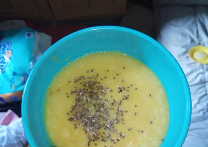 Bubur Nasi+brokoli+labu kuning+wortel+tahu sutra+kaldu sapi