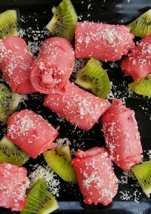 A picture of Pink meethi khandvi.
