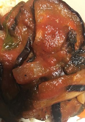 A picture of Double cooked eggplant in tomato sauce.