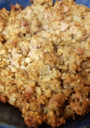 A picture of Smoked Bacon Stuffing with onions and black pepper and Apple 😁.