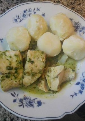 A picture of Boiled White Fish with Canary Island Green Mojo Sauce.