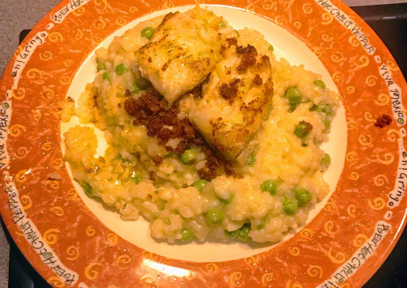 Cod topped pea Risotto