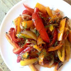 A picture of Colorful Fry Pan Peppers and Onions.
