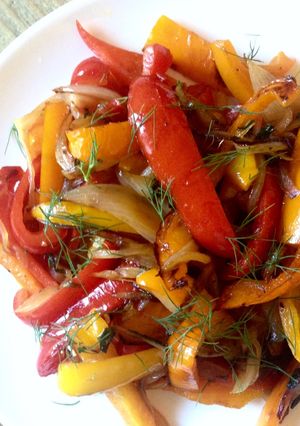 A picture of Colorful Fry Pan Peppers and Onions.