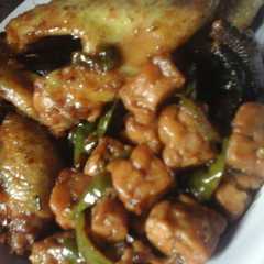 A picture of Tempe + ayam kecap cabe ijo.