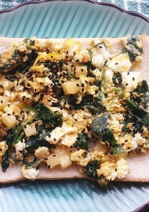 A picture of Scrambled egg with spinach.