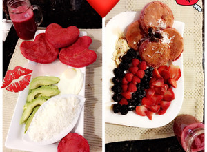 Una foto de Desayuno día de los Enamorados Arepas y panquecas de Remolacha