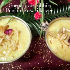 A picture of Punjabi kesari kheer (yellow rice pudding).