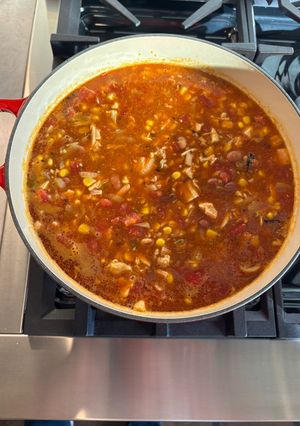 A picture of Rotisserie Smoked Chicken Taco Soup.