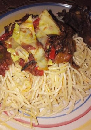 A picture of Pasta and delicious dried fish sauce.