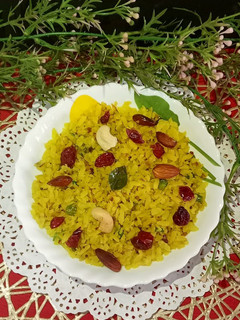 A picture of Cranberry Kanda Poha / Flattened Rice.