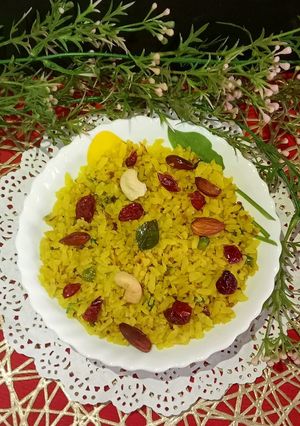 A picture of Cranberry Kanda Poha / Flattened Rice.