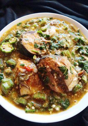 A picture of Okrp with fresh fish soup.