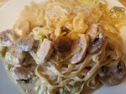A picture of chicken mushrooms leeks