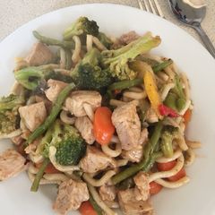 A picture of Pork with Black Bean Stir-fry with Udon thick noodles.