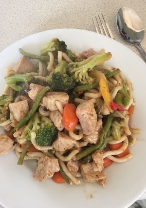 A picture of Pork with Black Bean Stir-fry with Udon thick noodles.