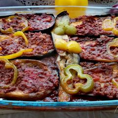 A picture of Eggplant with minced meat.