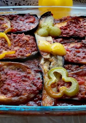 A picture of Eggplant with minced meat.