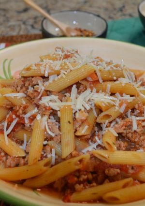 A picture of Instant Pot Penne Pasta with Meat Sauce.