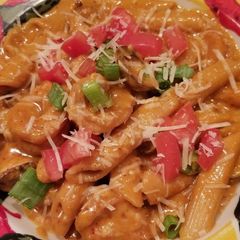 A picture of Penne with Cajun Hot Links and Chipotle Shrimp.