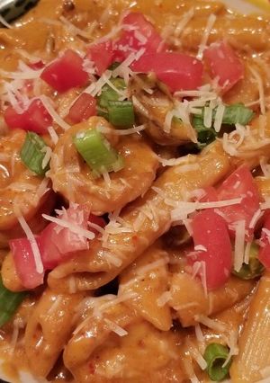 A picture of Penne with Cajun Hot Links and Chipotle Shrimp.
