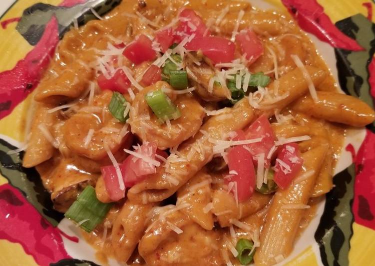 Recipe of Super Quick Homemade Penne with Cajun Hot Links and Chipotle Shrimp