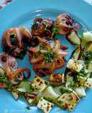 Pulpitos de la Ametlla a la plancha, con calabacín dos texturas