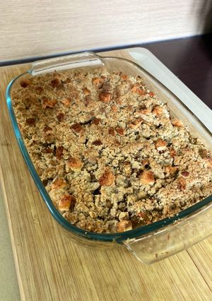 Une photo de Gratin d’aubergines au chèvre et crumble de noisettes