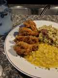 Fried honey 🍊 chicken drummetes and parsley potatoes with corn