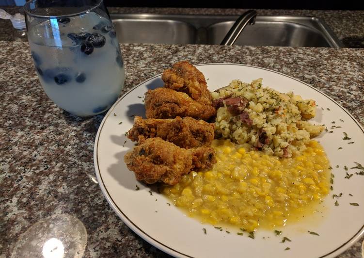 Fried honey 🍊 chicken dmetes and parsley potatoes with corn