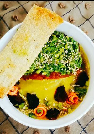 A picture of Pumpkin sprout curry with sweet potato sprout boat.
