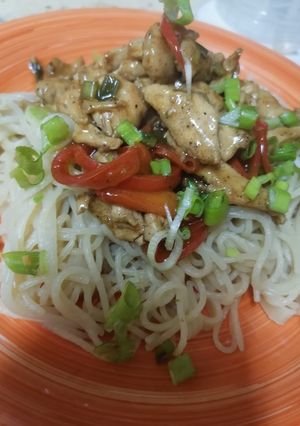 A picture of Mongolian chicken with noodles 🍜.