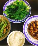 Thịt chiên giòn nước mắm, đậu quả xào thịt, cải ngồng luộc