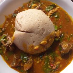 A picture of Wheat swallow with oha soup.