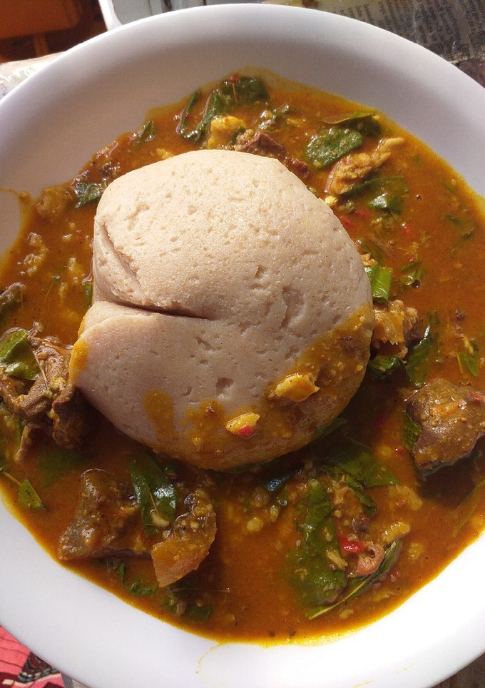 A picture of Wheat swallow with oha soup.