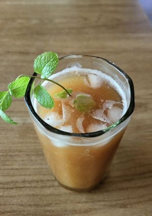A picture of Aam panha with organic jaggery and nutmeg.