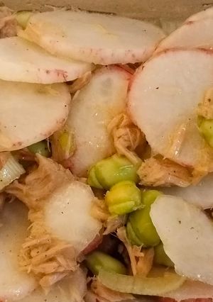 Una foto de Está es una ensalada deliciosa, elaborada con productos de temporada como los rábanos y las habas