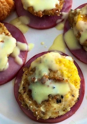 A picture of Fried Egg Yolks Benedict - Sous Vide.