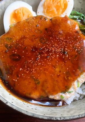A picture of Chicken Pattie Rice Bowl with Teriyaki Sauce.
