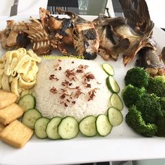 A picture of Fried Blue Catfish with Coconut Rice (Nasi Uduk).