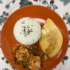 Steamed Eggs w/ rice and shrimp A picture of Steamed Eggs w/ rice and shrimp.