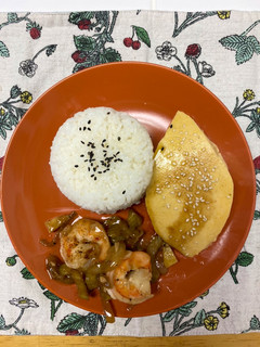 A picture of Steamed Eggs w/ rice and shrimp.