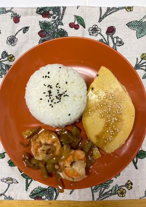 A picture of Steamed Eggs w/ rice and shrimp.