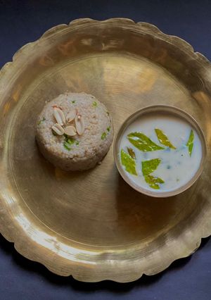 A picture of Peanut Kadhi & Barnyard Millet or Sama Chawal Pulao - Vrat or Fasting for Lunch.