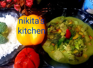A picture of Veg Thai Green Curry 🥗🌶️🧄.