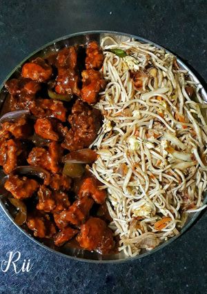 A picture of EGG CHOWMEIN & TANDOORI CHILLI CHICKEN.