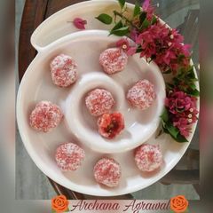 A picture of Paneer Petha & Coconut ke sweet rosy Laddoo.