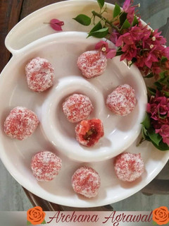 A picture of Paneer Petha & Coconut ke sweet rosy Laddoo.