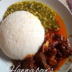 A picture of Tuwon Shinkafa and stew with okoro soup.